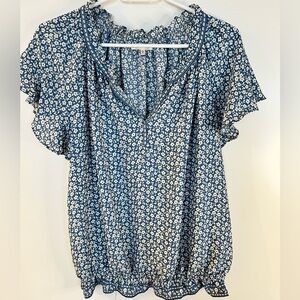 Max Studio Blue Floral Ruffle Blouse | Lightweight Boho Top | Size L
